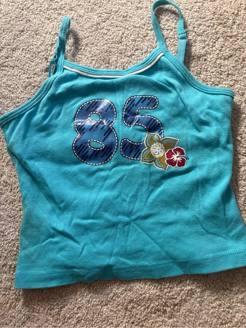 No Boundaries Turquoise Girls' Tank with '85' Graphic and Floral Patch